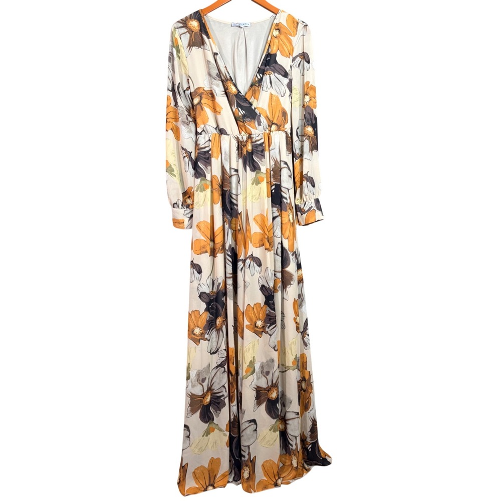 Baltic Born Lydia Maxi Dress Floral V-Neck Long Sleeve Orange Cream Brown Large